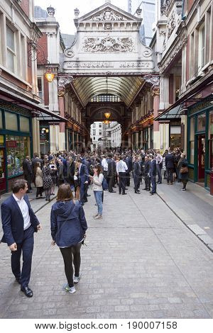 London United Kingdom 7 may 2017: large crowd of people for lunch at leadenhall market near city of london