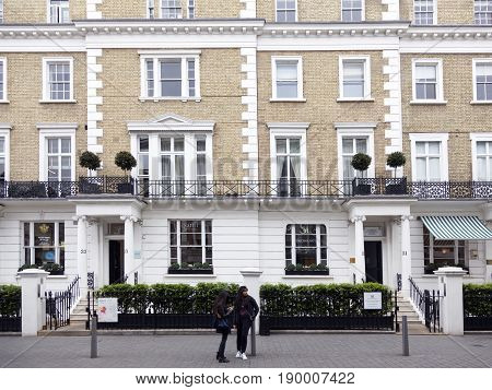 London United Kingdom 7 may 2017: houses with white columns on thurloe street in london kensington