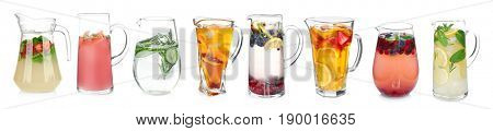Different drinks in glass jugs on white background. Ideas for summer cocktails
