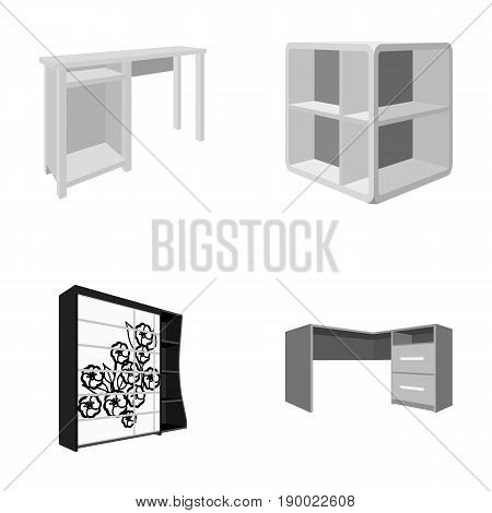 Dressing table, corner shelves, computer desk, wardrobe with glass. Bedroom furniture set collection icons in monocrome style vector symbol stock illustration .