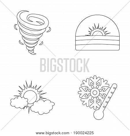 Tornado, sunrise, cloudiness, snow and frost. The weather set collection icons in outline style vector symbol stock illustration .