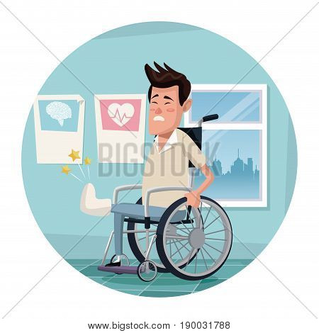 circular frame with color scene hospital room with man in wheelchair vector illustration