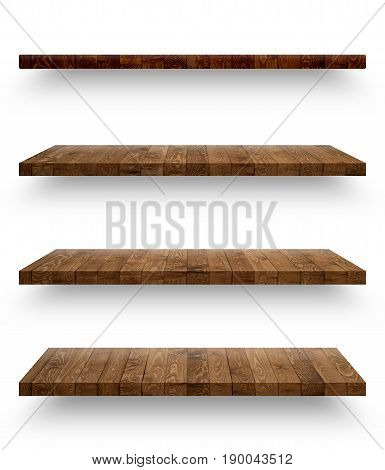 Empty wooden shef isolated on the wall on white background with clipping path