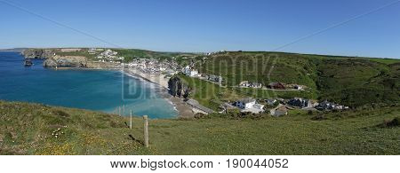 Panoramic view of Portreath beach and seaside village from western hill, Cornwall, England UK.