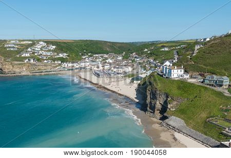 Portreath beach and village from western hill, Cornwall England UK.