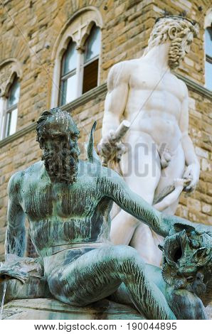 Bronze statue detail of Neptune Fountain in Florence, situated on the Piazza della Signoria, sculptor Bartolomeo Ammannati 1563-1565.