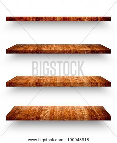 Empty wooden shef isolated on the wall on white background with clipping path