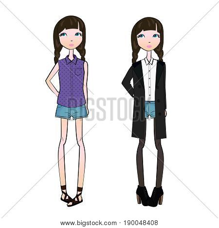 Fashion cartoon teenage girls wearing denim shorts in vector
