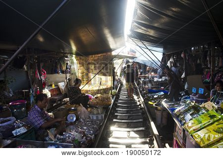 People Walking Visit And Shopping In Mae Klong Railway Market Or Talat Rom Hup Meaning The Umbrella