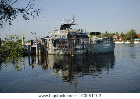 Patrol Boat Of Marine Police Or Water Polices Stop Rest And Waiting For Working In Night Time At Mae