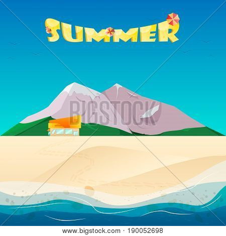 Summer background vector illustration of the evening beach at sunset with waves clouds and a plane flying in the sky seaside view poster