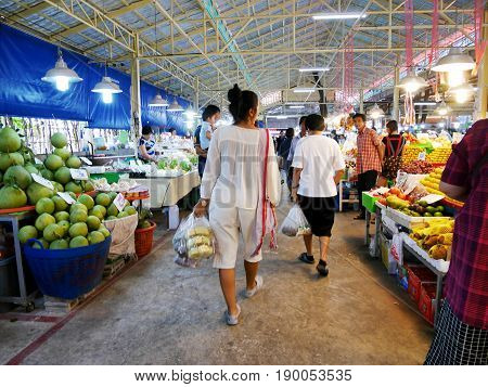 Asian Thai Women And People Travel And Shopping Product And Food From Local Shop At Don Wai Floating