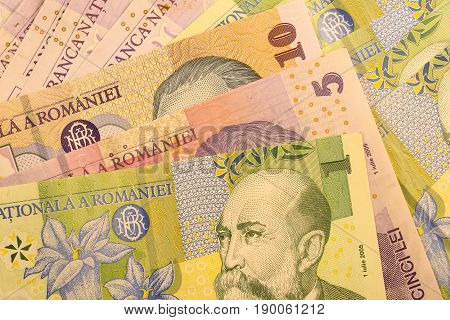 Close up Romanian currency note, LEI or LEU, Romania