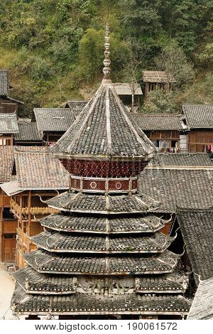 China Zhaoxing - gorgeous Dong village is packed whit traditional wooden structures several wind-and-rain bridges and remarkable drum towers Guizhou province