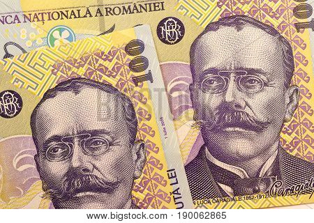 Close up Romanian currency note, LEI or LEU, Romania