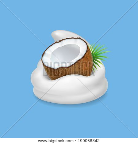 Coconut and yogurt. Fruit and wipped cream icon. Vector realistic illustration.