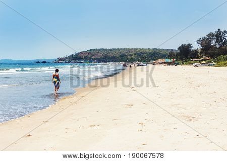 Sea View And Tropical Sandy Beach With Sunny Sky. Goa, India.