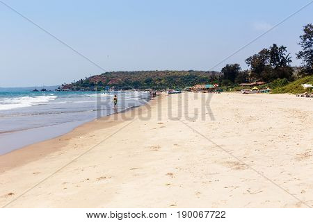 Sea View And Tropical Sandy Beach With Sunny Sky. Goa, India.