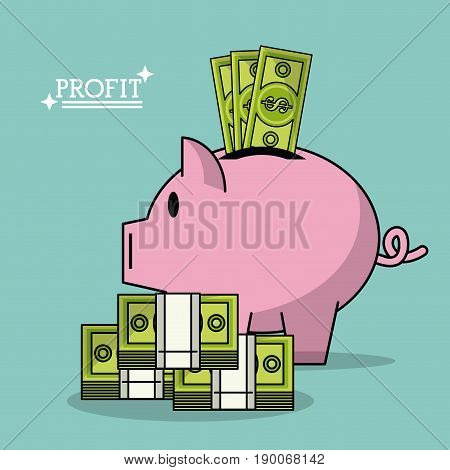colorful poster with profit money box shape of pig and money bills stacked vector illustration