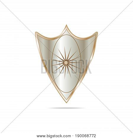 Vector illustration of shield on white background with shadow of sand color with gradient edging and gradient background with oval and star with lots of rays.