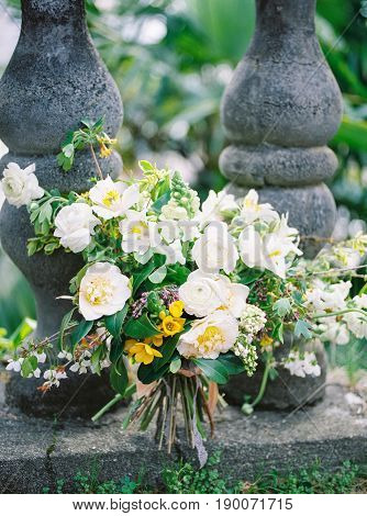 Beautiful wedding white bouquet. Floral wedd concept