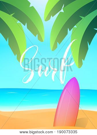 Summer surfing concept. Tropical island with surfboard, palms, ocean and beach. Summer landscape beach view