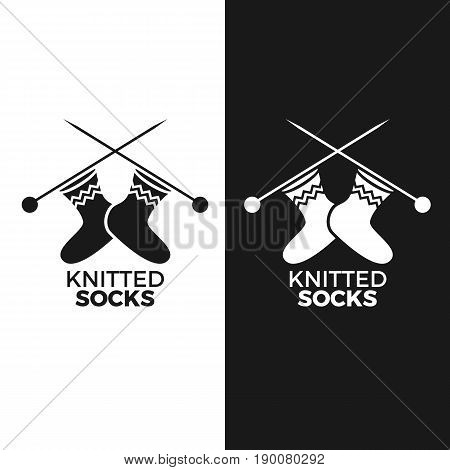 Illustration of woolen socks on a knitten needles. Knitted wear shop, atelier or garment logo. Vector flat logotype isolated on black or white.