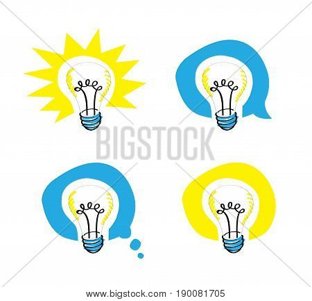 lightbulb scribble representing an idea in 4 different background balloons including a speech balloon and a thought one