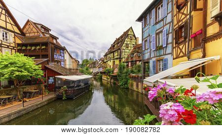 Famous traditional colorful timbered houses in Little Venice, petite Venise, Colmar, Alsace, France