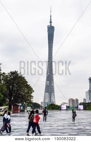 People On Square And View Of Guangzhou Tower