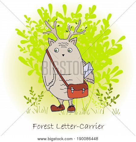 Colorful cute monster with bag and letter, forest postman. Forest letter-carrier character print. Vector illustration