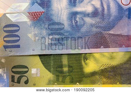 Close up Swiss francs currency note CHF