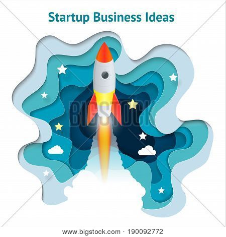Vector creative illustration of business startup, innovation, technology, start button. Paper spaceship launch to space. Development and business launch up, business concept