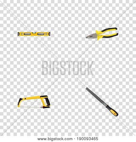 Realistic Sharpener, Arm-Saw, Pliers And Other Vector Elements. Set Of Instruments Realistic Symbols Also Includes Emery, Saw, Tongs Objects.