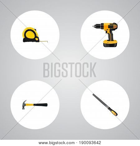 Realistic Sharpener, Length Roulette, Electric Screwdriver And Other Vector Elements. Set Of Tools Realistic Symbols Also Includes Appliance, Emery, Tool Objects.