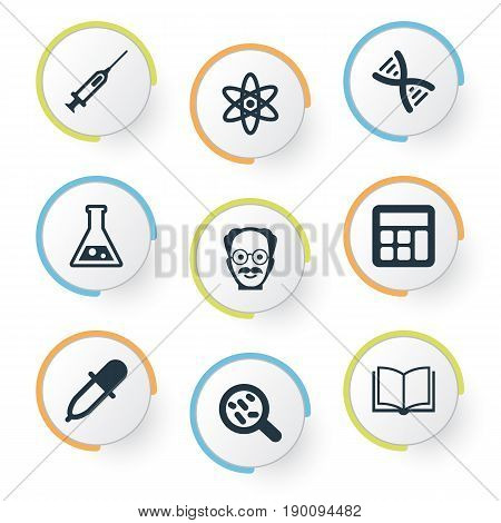 Vector Illustration Set Of Simple Science Icons. Elements Book, Scholar, Bacterium And Other Synonyms Dropper, Laboratory And Syringe.