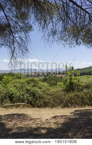 VAL D'ORCIA, ITALY - JUNE 3 2017: Tuscan hills landscape in the region named Val D'Orcia