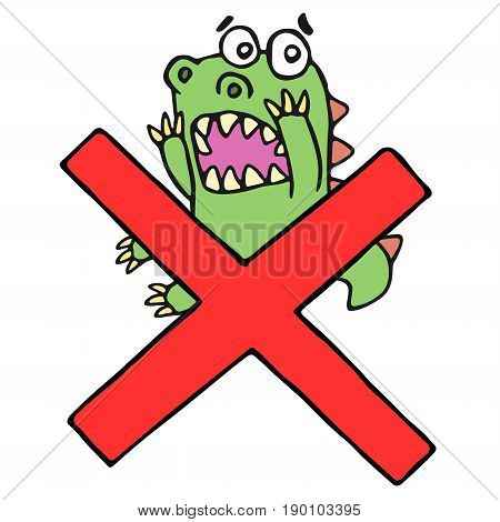 Funny frightened dinosaur and cross mark. Vector illustration. Cute cartoon character on isolated background.