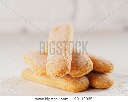Close up view of ladyfinger biscuit cookie on white concrete background. Italian cookie savoiardi.