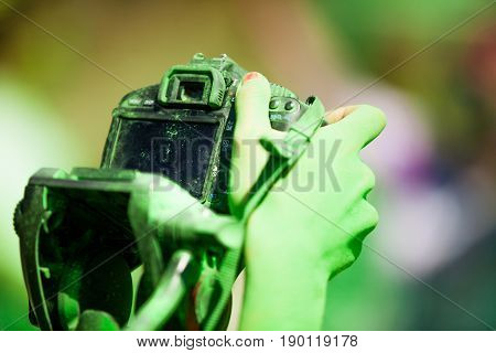 Detail of dirty dslr camera. Equipment mistreat.