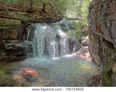 A waterfall on the site of the Blue Hole in East Tennessee.
