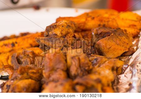 Close up of hornado roasted pork ecuadorian traditional typical andean food.