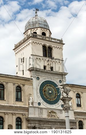 Clock tower building of medieval origins overlooking Piazza dei Signori in Padova Italy