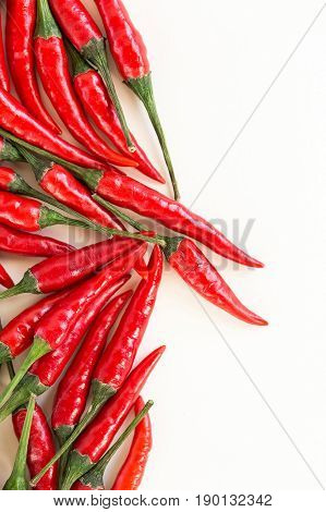 red hot chili peppers, popular spices concept - beautiful bunch of red chili hot pepper, fresh ripe pods with green peduncle on white background, flat lay, toop view, free space for text, vertical