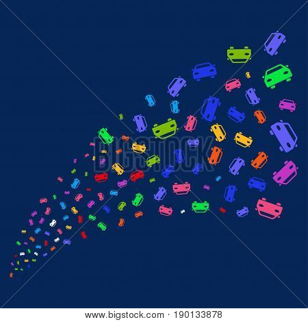 Source of car icons. Vector illustration style is flat bright multicolored car iconic symbols on a blue background. Object fountain done from scattered design elements.