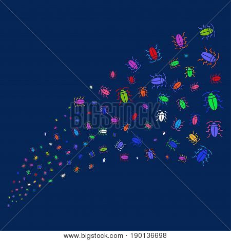 Source of cucaracha icons. Vector illustration style is flat bright multicolored cucaracha iconic symbols on a blue background. Object stream made from scattered design elements.