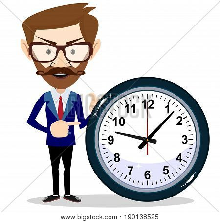 Human with clock. Young businessman in business concept isolated on white. Stock flat vector illustration.