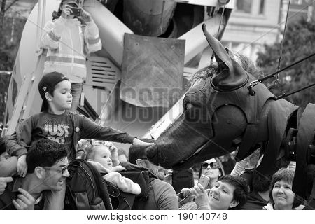 MONTREAL QUEBEC CANADA 19 05 17: Giants Xolo dog walking in the street of Montreal for the 375e anniversary of the city, by Royal De Luxe company Nantes France