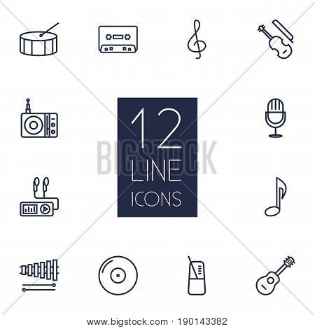 Set Of 12 Melody Outline Icons Set.Collection Of Pace, Percussion, Gramophone And Other Elements.