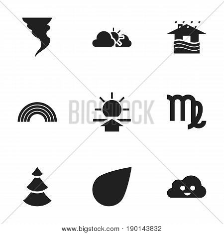 Set Of 9 Editable Weather Icons. Includes Symbols Such As Virgin, Sunset, Sunup And More. Can Be Used For Web, Mobile, UI And Infographic Design.
